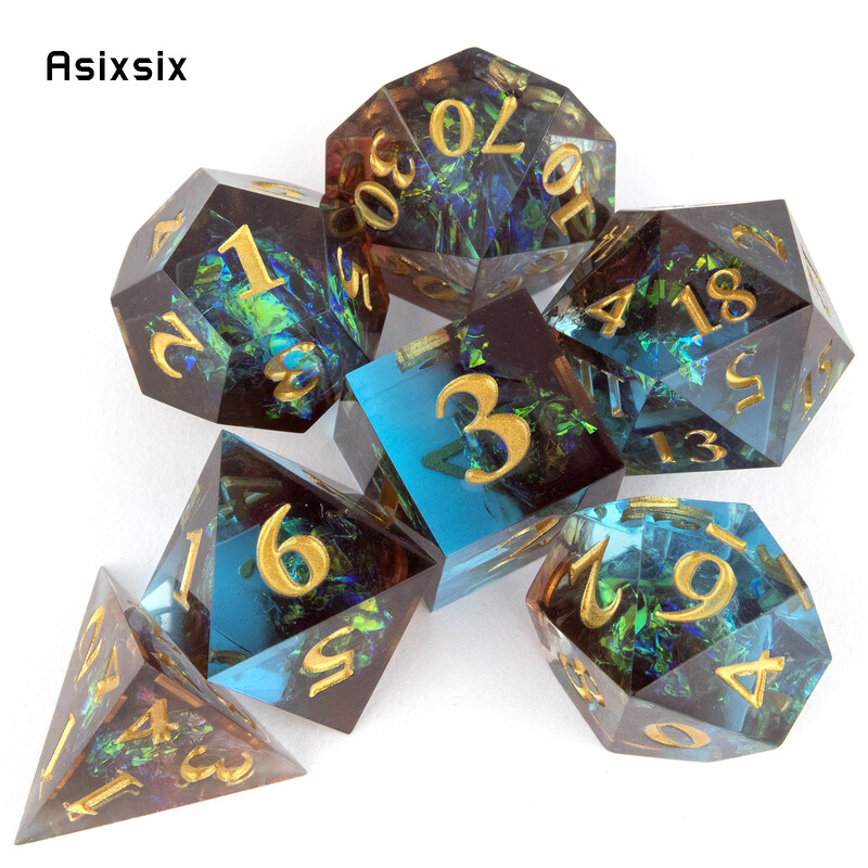 7 bucăți rășină albastră, număr auriu, zaruri cu muchie ascuțită, zaruri poliedrice, potrivite pentru jocuri de masă RPG de rol