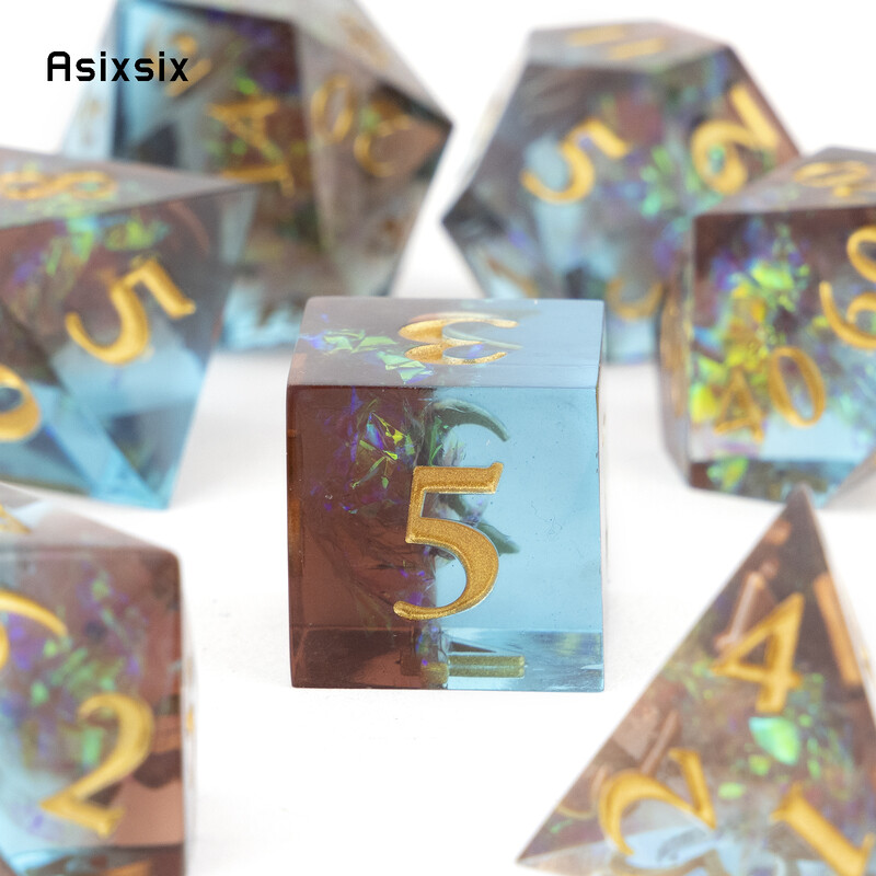 7 bucăți rășină albastră, număr auriu, zaruri cu muchie ascuțită, zaruri poliedrice, potrivite pentru jocuri de masă RPG de rol