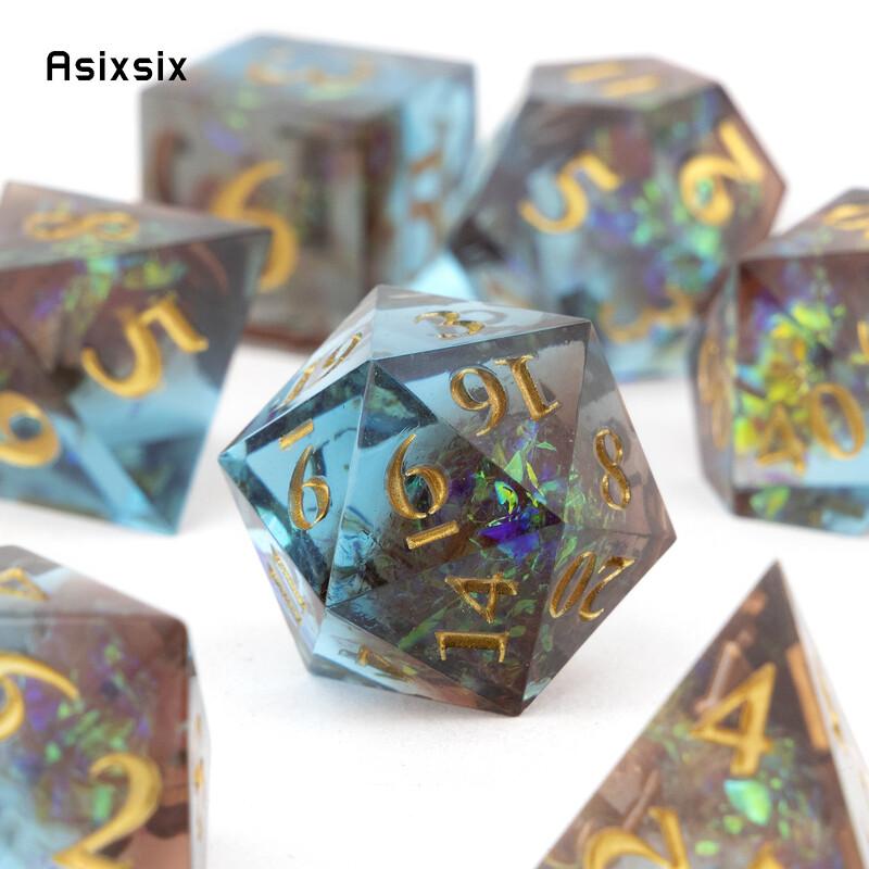 7 bucăți rășină albastră, număr auriu, zaruri cu muchie ascuțită, zaruri poliedrice, potrivite pentru jocuri de masă RPG de rol