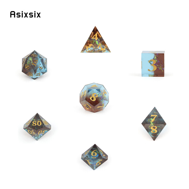 7 bucăți rășină albastră, număr auriu, zaruri cu muchie ascuțită, zaruri poliedrice, potrivite pentru jocuri de masă RPG de rol