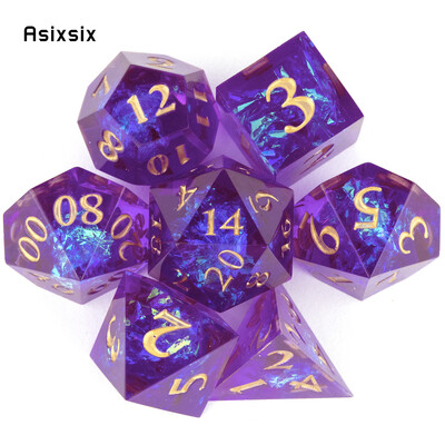 7 komada ljubičaste smole Zlatne kocke s oštrim rubom, poliedarske kockice prikladne za igranje uloga RPG društvene igre