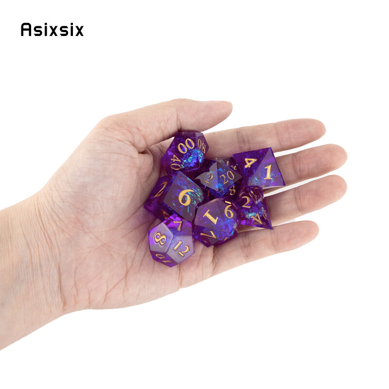 7 komada ljubičaste smole Zlatne kocke s oštrim rubom, poliedarske kockice prikladne za igranje uloga RPG društvene igre