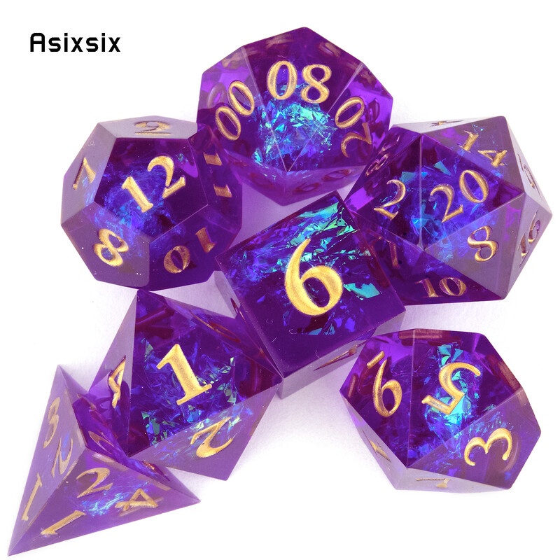 7 komada ljubičaste smole Zlatne kocke s oštrim rubom, poliedarske kockice prikladne za igranje uloga RPG društvene igre