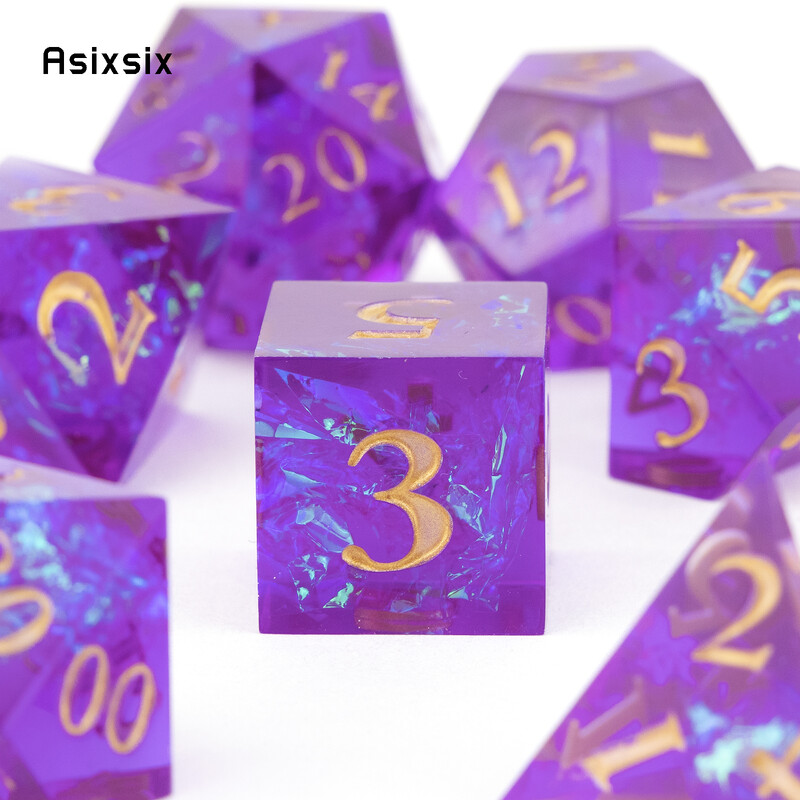 7 komada ljubičaste smole Zlatne kocke s oštrim rubom, poliedarske kockice prikladne za igranje uloga RPG društvene igre