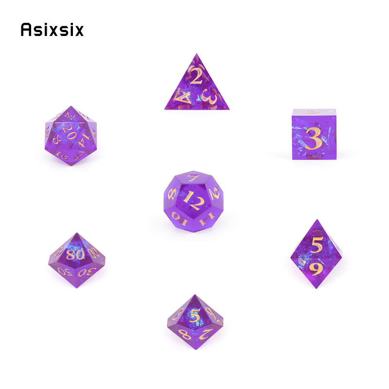 7 komada ljubičaste smole Zlatne kocke s oštrim rubom, poliedarske kockice prikladne za igranje uloga RPG društvene igre