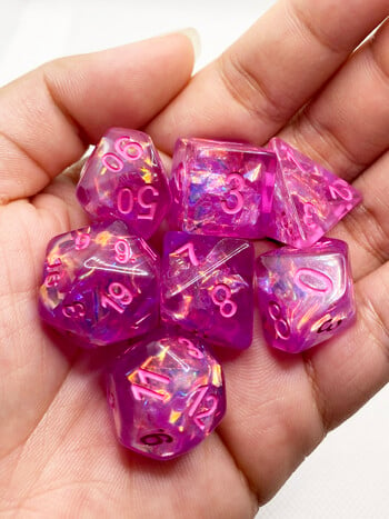 Resi Dice 7Pcs Розов целофан за DND Dice Polyhedral Комплект за ролева настолна игра Sharp Edges Dice D4-D20