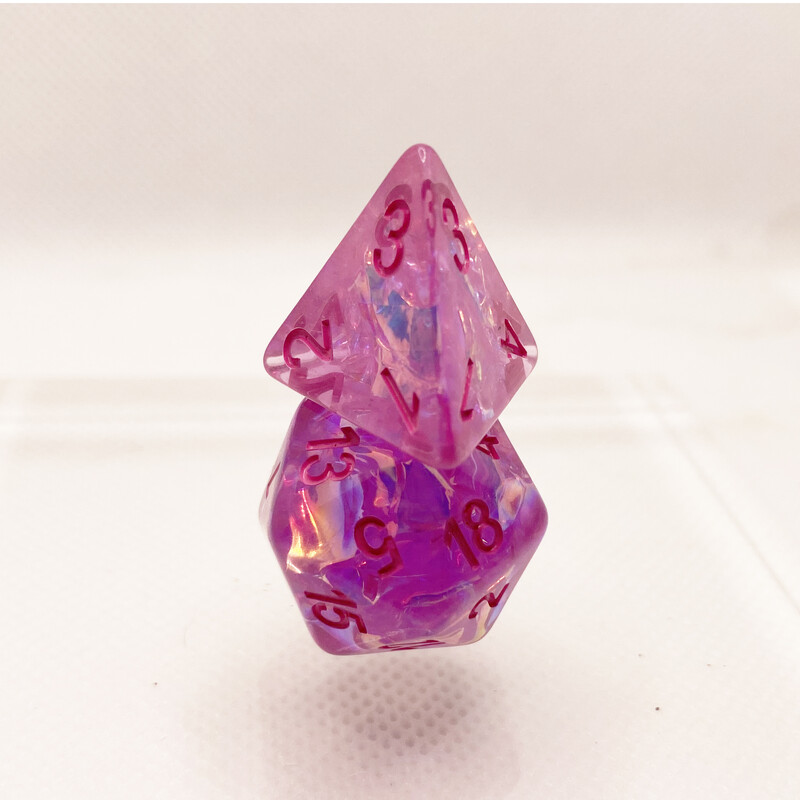 Zaruri Resi 7 buc. celofan roz pentru zaruri DND set poliedric pentru joc de masă zaruri cu muchii ascuțite D4-D20