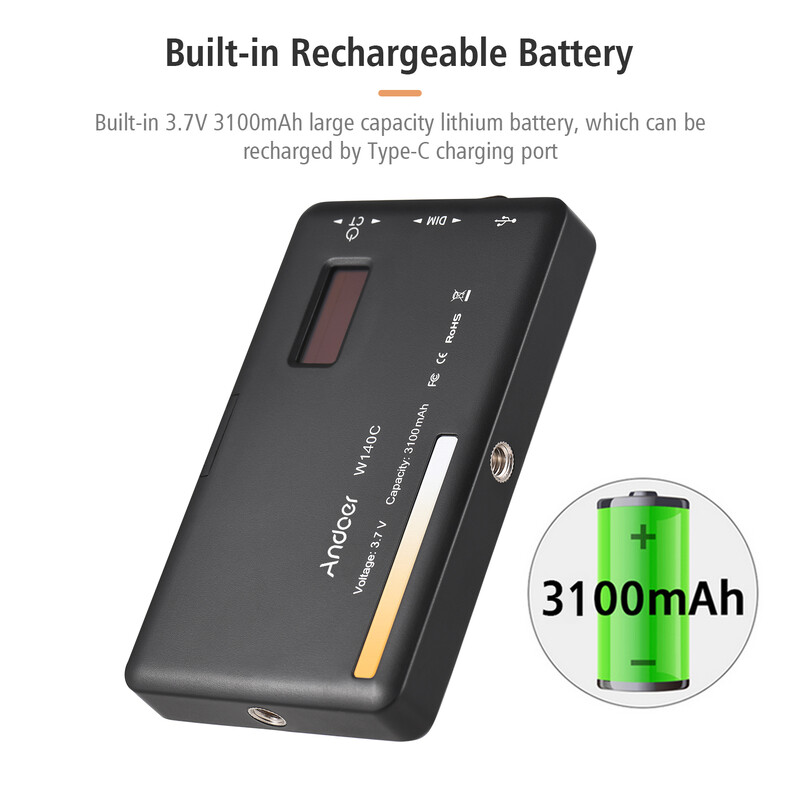 Andoer W140 džepno LED video svjetlo Svjetlo za punjenje kamere 2500-6500K s mogućnošću prigušivanja za online sastanke Video konferencije Streaming uživo Vlog