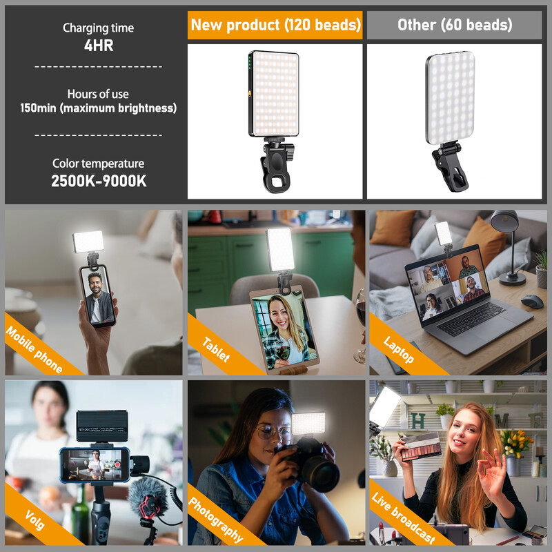ST-120 LED video svjetlo za punjenje, punjivo 3000 MAh, prilagođeno 3 moda svjetla CRI95 prijenosno mini svjetlo za selfije 2500-9000K