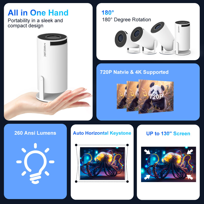 Proiector Transpeed 4K Wifi6 HY300 Pro Android 11 260 ANSI WIFI dublu Allwinner H713 BT5.0 720P Home Cinema portabil în aer liber