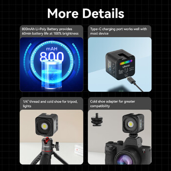 Ulanzi L3 RGB Video Light Mini COB Light Fill για Camera Gopro with Snoot Diffuser Barndoor Mini Ambient Light 2700-7000K