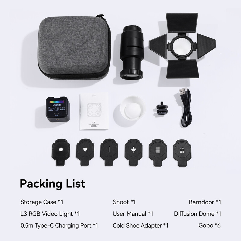 Ulanzi L3 RGB Video Light Mini COB Light Fill Light za kameru GoPro sa Snoot difuzorom Barndoor Mini Ambient Light 2700-7000K