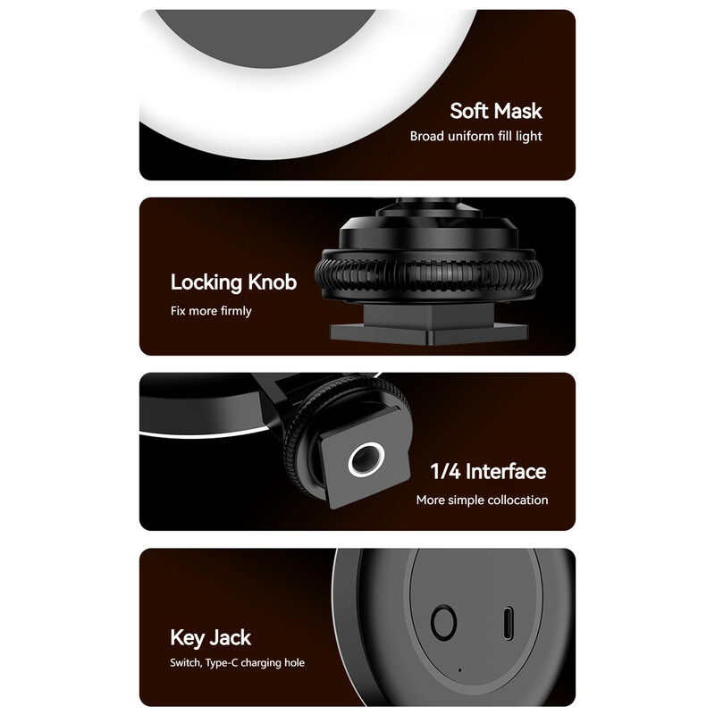 Mini rõngaslamp LED-valgusti kahevärviline 360 ° pööratav C-tüüpi võimsusega 48 LED helmeid, mis ühilduvad Selfie Stick Camera Magic Armiga