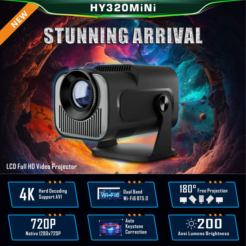 Kaasaskantav HY320 Mini 4K Android 11 projektor 720p 400ANSI kahekordne WiFi bt5.0 kodukino välitingimustes 180 ° pööratav trapetsikorrektsioon