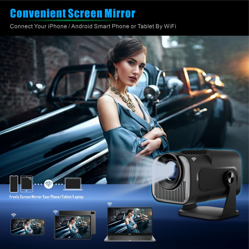 Kaasaskantav HY320 Mini 4K Android 11 projektor 720p 400ANSI kahekordne WiFi bt5.0 kodukino välitingimustes 180 ° pööratav trapetsikorrektsioon