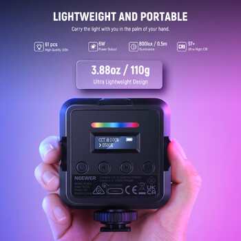 NEEWER RGB62 Magnetic RGB Video Light with APP Control 360° Full Color LED Light Camera with 3 Cold Shoes Photography Lighting