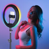 Asmenukės žiedo lemputė 10 colių RGB su trikojo stovu, užpildymo LED žiedinio apšvietimo telefono apšvietimas, tiesioginis vaizdo įrašas Fotografuokite makiažo apskritimo lemputę