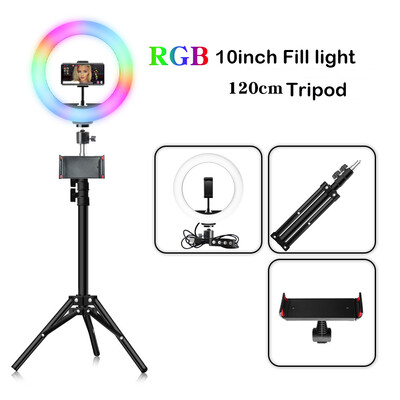 Asmenukės žiedo lemputė 10 colių RGB su trikojo stovu, užpildymo LED žiedinio apšvietimo telefono apšvietimas, tiesioginis vaizdo įrašas Fotografuokite makiažo apskritimo lemputę