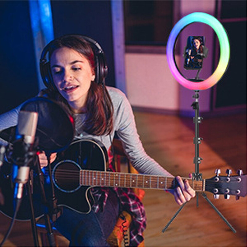 Asmenukės žiedo lemputė 10 colių RGB su trikojo stovu, užpildymo LED žiedinio apšvietimo telefono apšvietimas, tiesioginis vaizdo įrašas Fotografuokite makiažo apskritimo lemputę