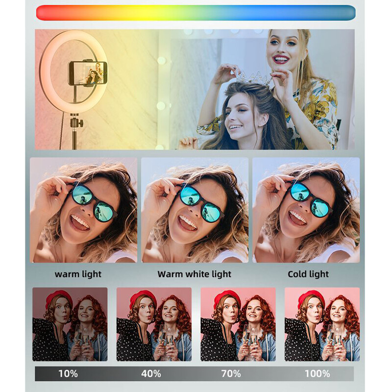 Asmenukės žiedo lemputė 10 colių RGB su trikojo stovu, užpildymo LED žiedinio apšvietimo telefono apšvietimas, tiesioginis vaizdo įrašas Fotografuokite makiažo apskritimo lemputę