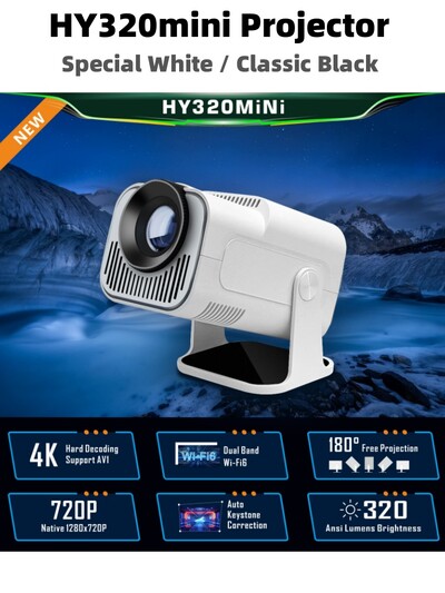 Īpašs balts HY320 mini projektors Android11 Wifi6 320ANSI Allwinner H713 Native1280x720P mājas kino biroja portatīvais projektors