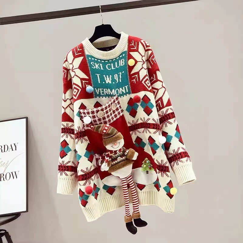 Crveni pulover ženske jesenske i zimske debljine srednje dužine 2023. Nova jakna Kineska Nova godina Svečana Godina zeca Godina životinja Moda