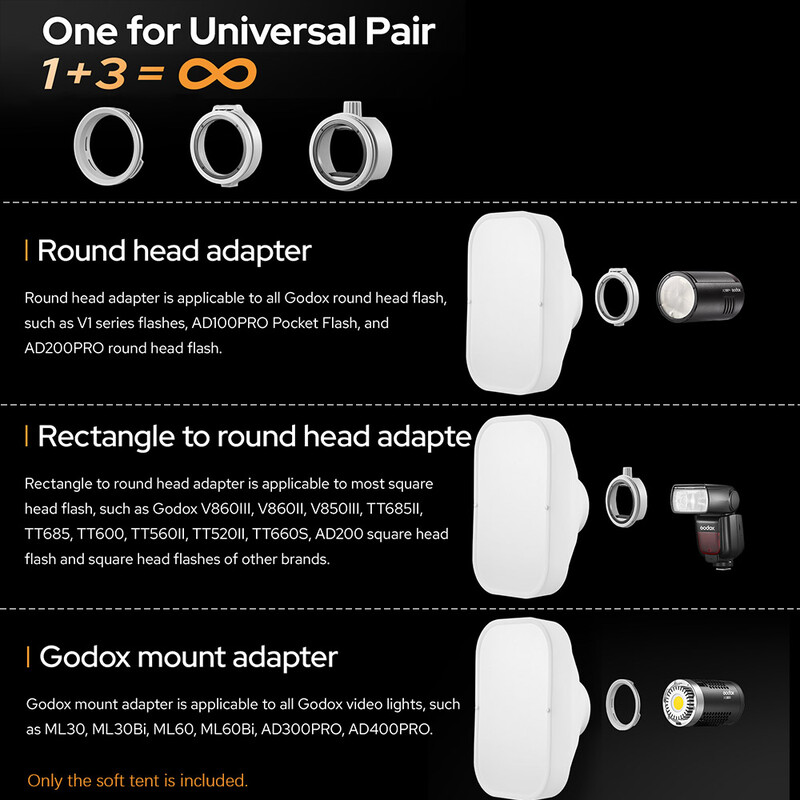 Godox ML-CS1625/ML-CD15 pehme telgikomplekt, 3 adapterit fotograafia jaoks Light Flash Studio fotograafia portree täitevalgusti tarvikud