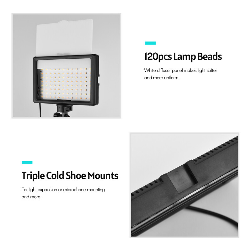 Andoer USB LED-videovalgusti fotograafia valgustus 3200-5600K 120 LED 58 tolli reguleeritava kõrgusega statiiv 5* filtrid otseülekandeks