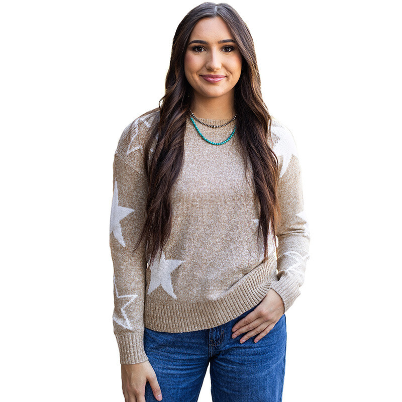 Novi zimski pulover sa zvjezdanim uzorkom za žene 2024. europske i američke ležerne široke pletene majice dugih rukava za žene