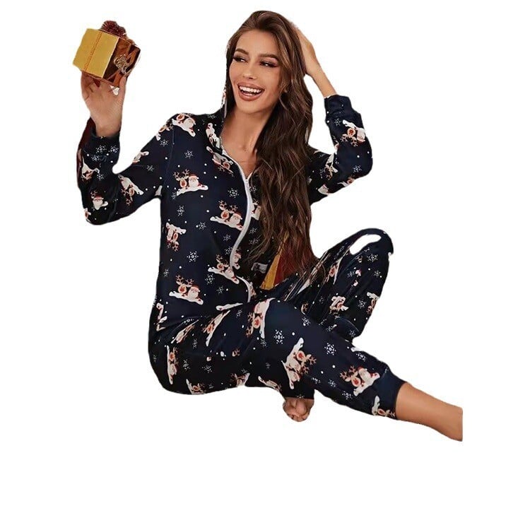 Crăciun noi pentru femei 2024 Comerț exterior Toamnă și iarnă Dungi europene și americane Modele interesante Imprimare în contrast Fermoar Acasă Salopete