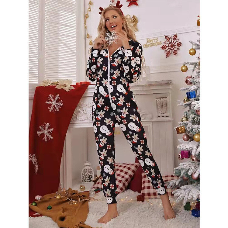 Crăciun noi pentru femei 2024 Comerț exterior Toamnă și iarnă Dungi europene și americane Modele interesante Imprimare în contrast Fermoar Acasă Salopete