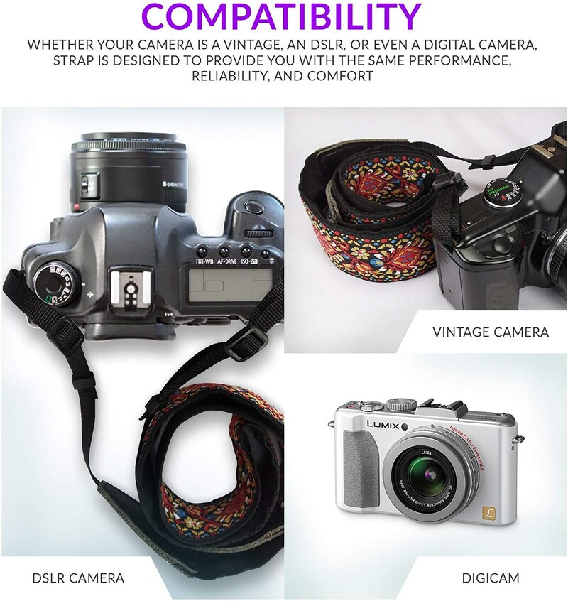 Curea pentru aparatul foto vintage țesut roșu pentru toate camerele DSLR Curea universală elegantă pentru gât și umăr, curea cu model floral