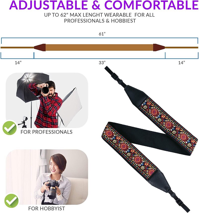 Curea pentru aparatul foto vintage țesut roșu pentru toate camerele DSLR Curea universală elegantă pentru gât și umăr, curea cu model floral