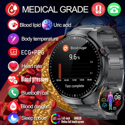 2024 Нов медицински смарт часовник за мъже ECG+PPG Blood Lipids Blood Sugar Uric Acid HRV Tester AMOLED HD BT Call Women Smart Watch