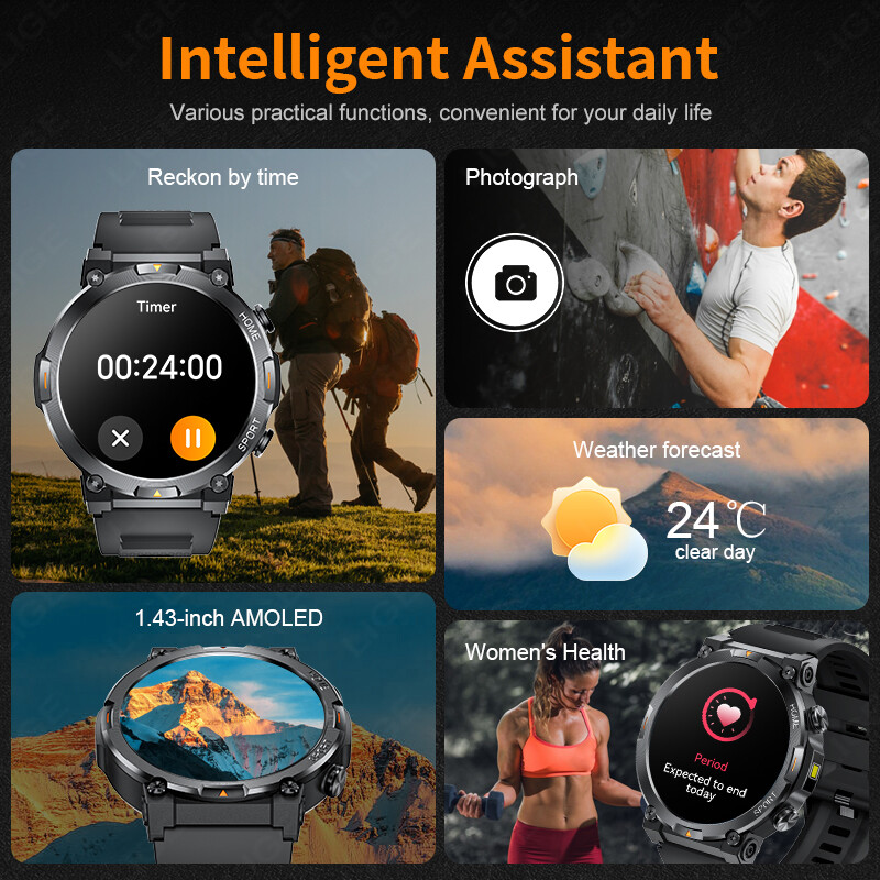Смарт часовник LIGE 1.43'' AMOLED Спортен фитнес тракер Водоустойчив SmartWatch Bluetooth мъжки дамски часовници 2024 за Xiaomi Huawei