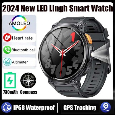 2024 Нов външен мъжки умен часовник BT call 730mAh батерия монитор за здравословен пулс фенерче мулти-спорт водоустойчив умен часовник
