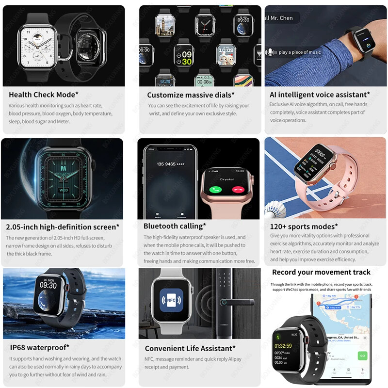 2024 AMOLED 2.05" HD zaslon Pametni sat Ženske serije 8 Custom Dial 500+ bežično punjenje Muški pametni sat za Apple Watch IW9 IW8