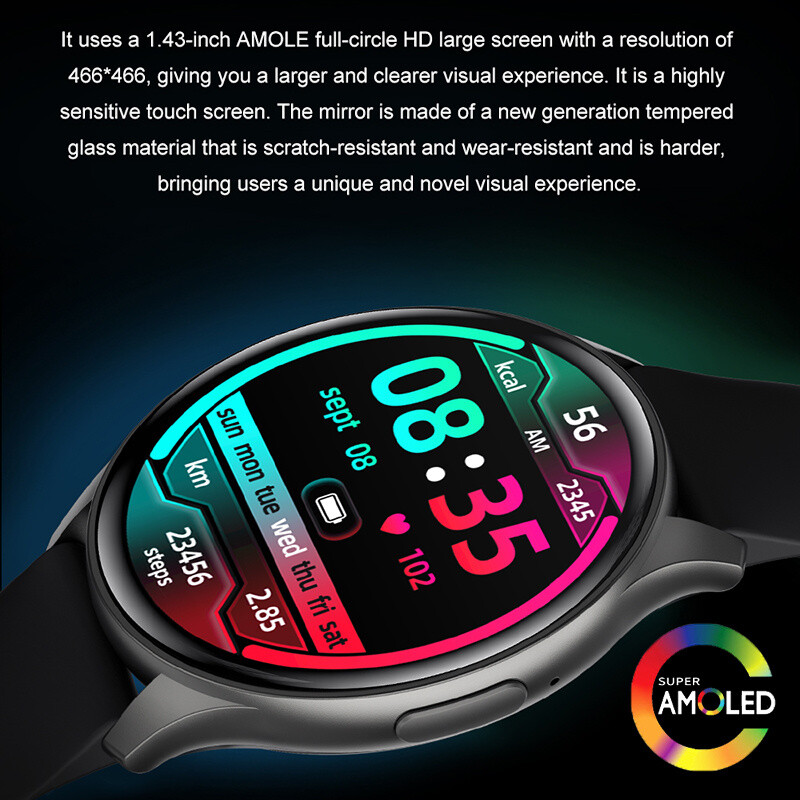 2024. Novi Bluetooth pametni sat za žene i muškarce 1,43 inča AMOLED 466*466 zaslon, otkucaji srca, sportski ženski pametni sat za Xiaomi+Box