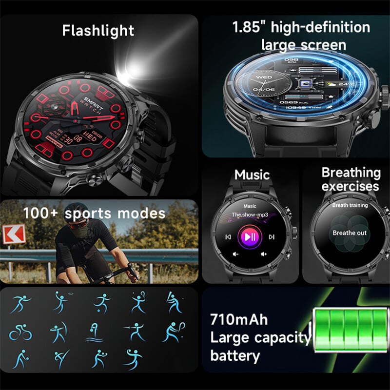 2024 m. Naujas V99 išmanusis laikrodis – 1,85 colio didelis ekranas.vyrams. Lauko sportas. LED žibintuvėlis. „Bluetooth“ skambinimas.710 mAh baterija.