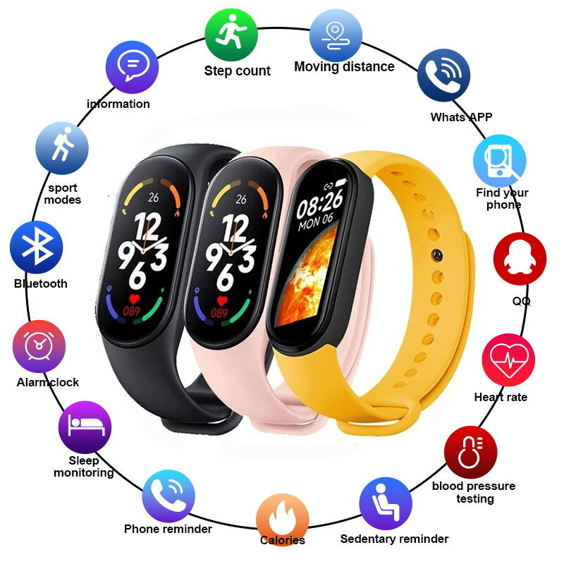 Inteligentné hodinky M7 Smartband s náramkom na sledovanie srdcovej frekvencie, fitness sledovačom, krvným tlakom a športovým náramkom pre Mi Band 7 pre mužov a ženy.