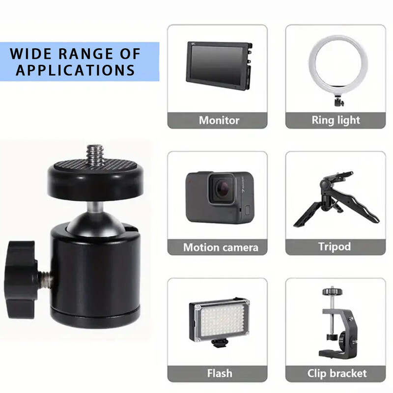 2-Pc 360° въртяща се мини сферична глава с универсална 1/4" винтова стойка за статив за смарт телефон LED видео светлина Микрофон Екшън камери