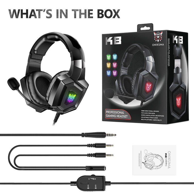ONIKUMA K8 slušalice za igrice s fleksibilnim HD mikrofonom RGB svjetlo surround zvukom Over-Ear žičane slušalice za igrače za PC igranje Xbox