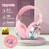 Glossy Gradient Pink Bluetooth5.3 Headphone for Girl Wireless headphone with Mic Over Ear Headset for Girlfriend Christmas Gift