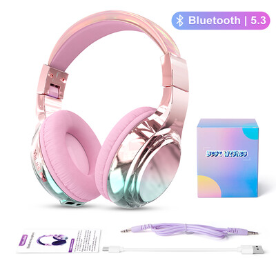 Glossy Gradient Pink Bluetooth5.3 Headphone for Girl Wireless headphone with Mic Over Ear Headset for Girlfriend Christmas Gift