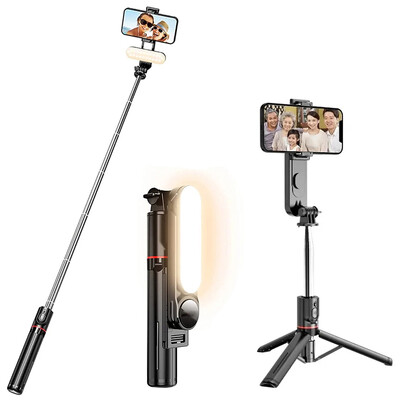 Összecsukható Selfie Stick állvány vezeték nélküli Bluetooth-töltővel, 1110 mm-es konzol, hordozható állvány iPhone Samsung mobiltelefonhoz