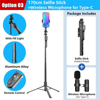 FANGTUOSI 1750mm Selfie Stick fără fir Trepied Stand Monopied pliabil cu lumină LED pentru telefoane inteligente Echilibrul de fotografiere în direct