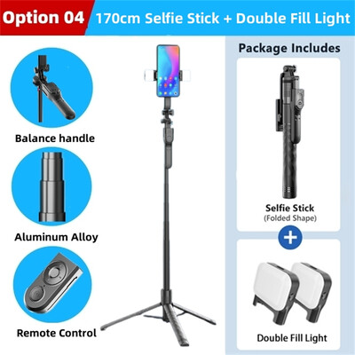 FANGTUOSI 1750mm Selfie Stick fără fir Trepied Stand Monopied pliabil cu lumină LED pentru telefoane inteligente Echilibrul de fotografiere în direct