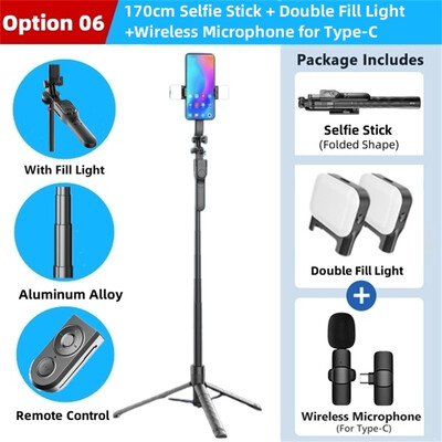 FANGTUOSI 1750mm Selfie Stick fără fir Trepied Stand Monopied pliabil cu lumină LED pentru telefoane inteligente Echilibrul de fotografiere în direct
