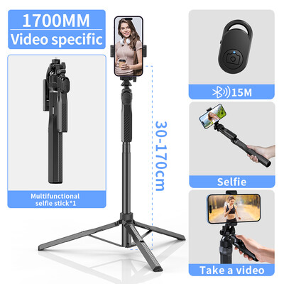 Bezdrôtová selfie tyč Pixel 170 cm, skladací statív pre iPhone s diaľkovým ovládaním Bluetooth a ručným stabilizátorom hlavy.