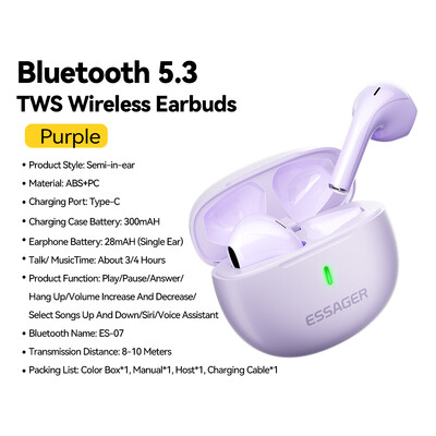 Essager 5.3 Bluetooth ασύρματα ακουστικά TWS Earbuds Semi-in-ear Stereo Sports Mini ακουστικά με μικρόφωνο για όλα τα τηλέφωνα